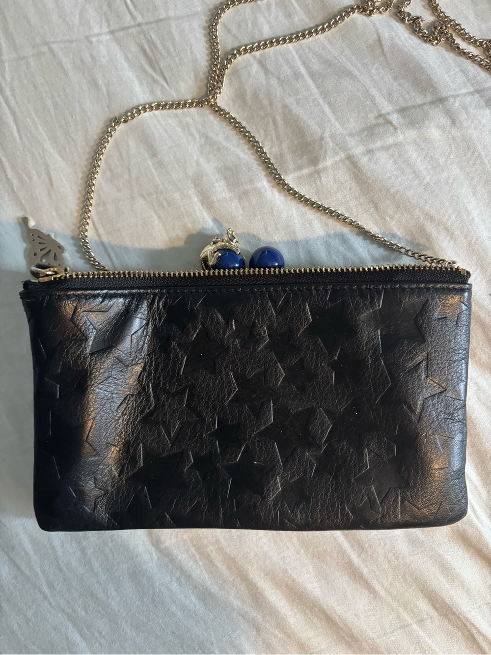 Anna Sui Black Star-Embossed Chain Crossbody Pouch with Gold Chain - Picture 4 of 8
